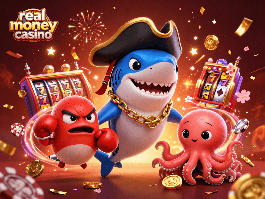 Engage in an exciting real money casino adventure with vibrant characters and festive elements amidst dynamic gameplay.