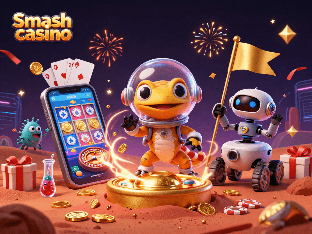 Play and win exciting games at Smash casino with alien characters promoting fun action.