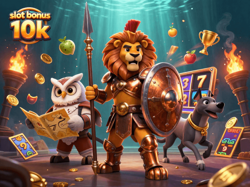 Engage in thrilling gameplay with slot bonus 10k through dynamic visuals showcasing a Spartan lion, tactical owl, and greyhound in a rich casino scene.