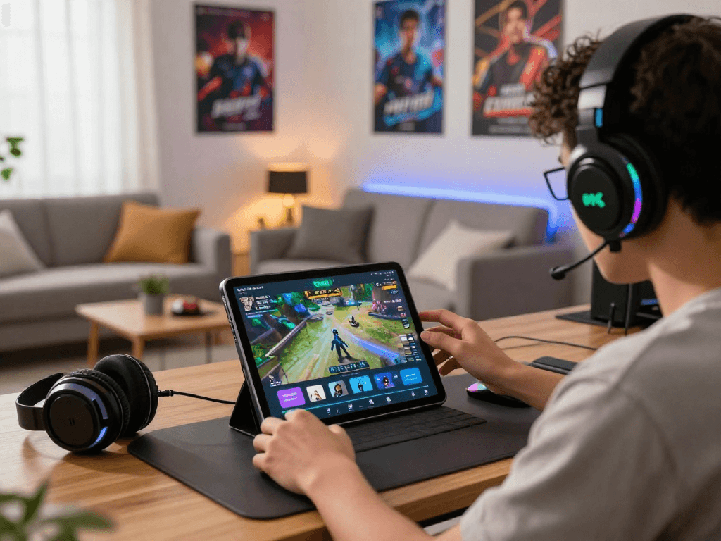 User engaging with the oxbet app on a tablet in a vibrant gaming setup with accessories and ambient lighting.