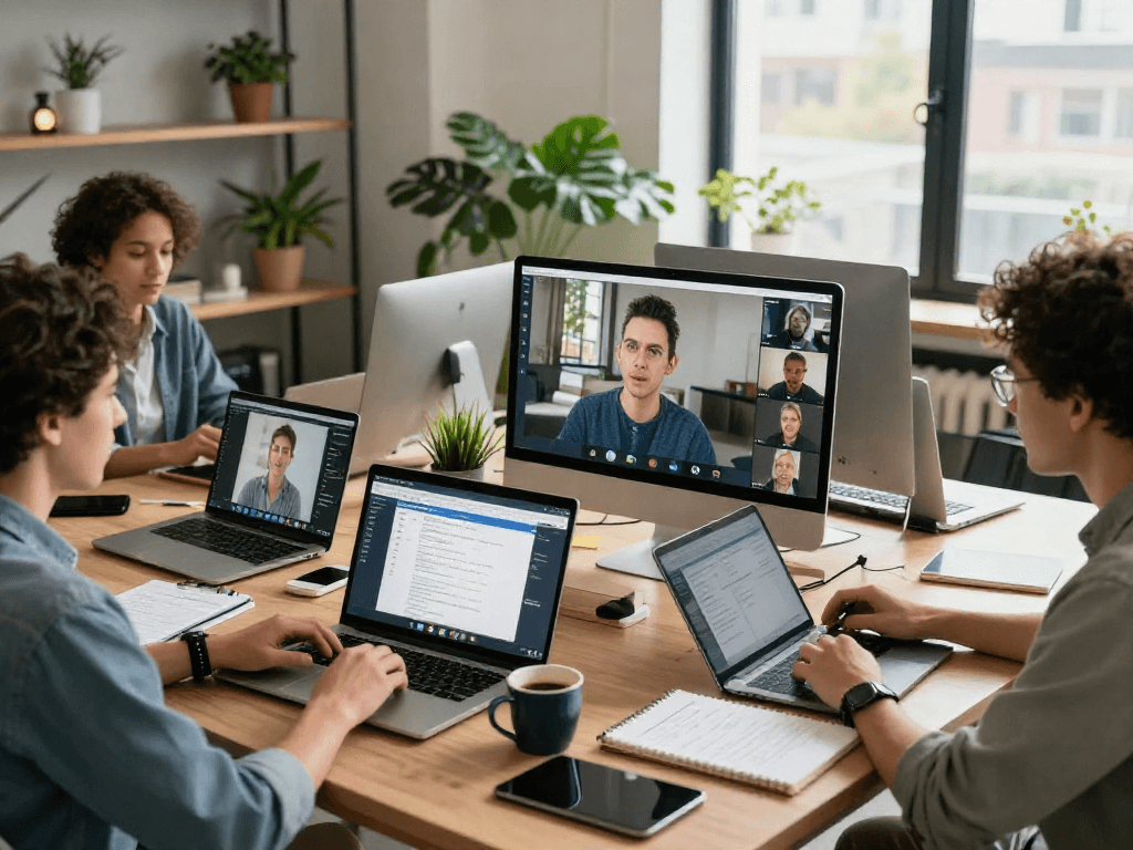 Group of professionals collaborating using ToDesk remote desktop software in a vibrant workspace.
