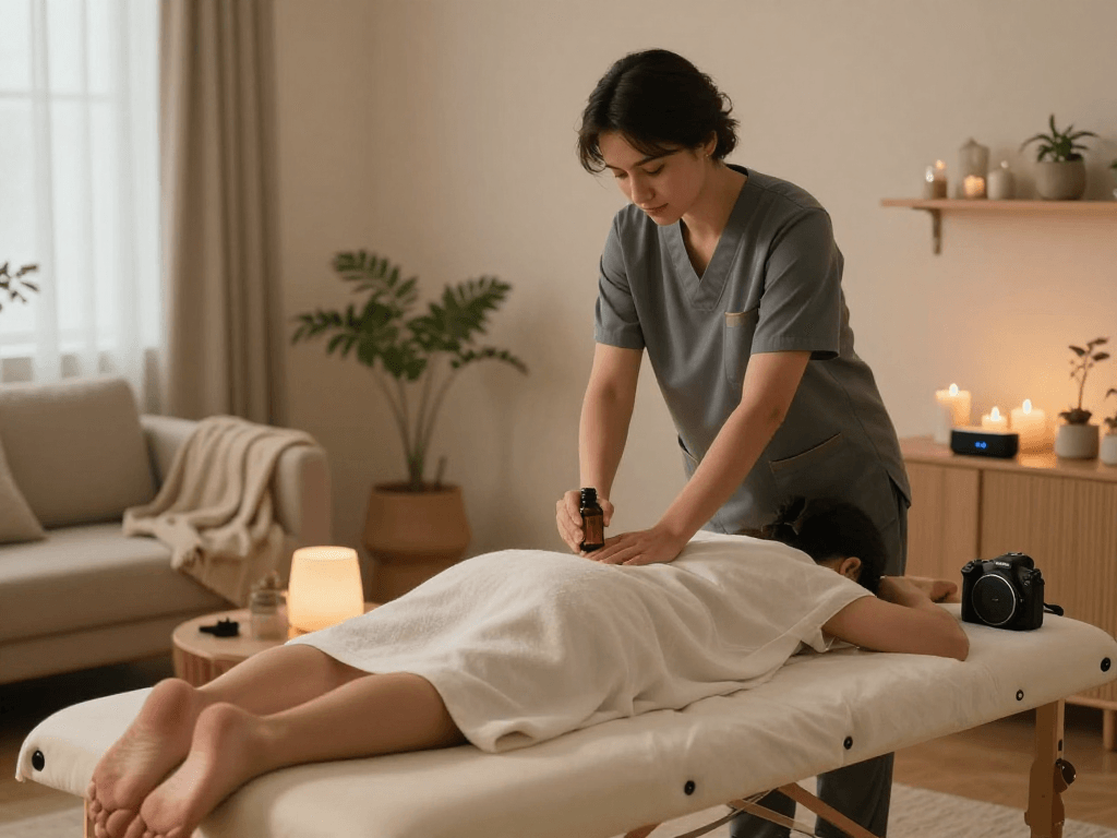 Relaxing 영종도출장마사지 in a tranquil home setting with professional therapist, soft lighting, and calming decor.
