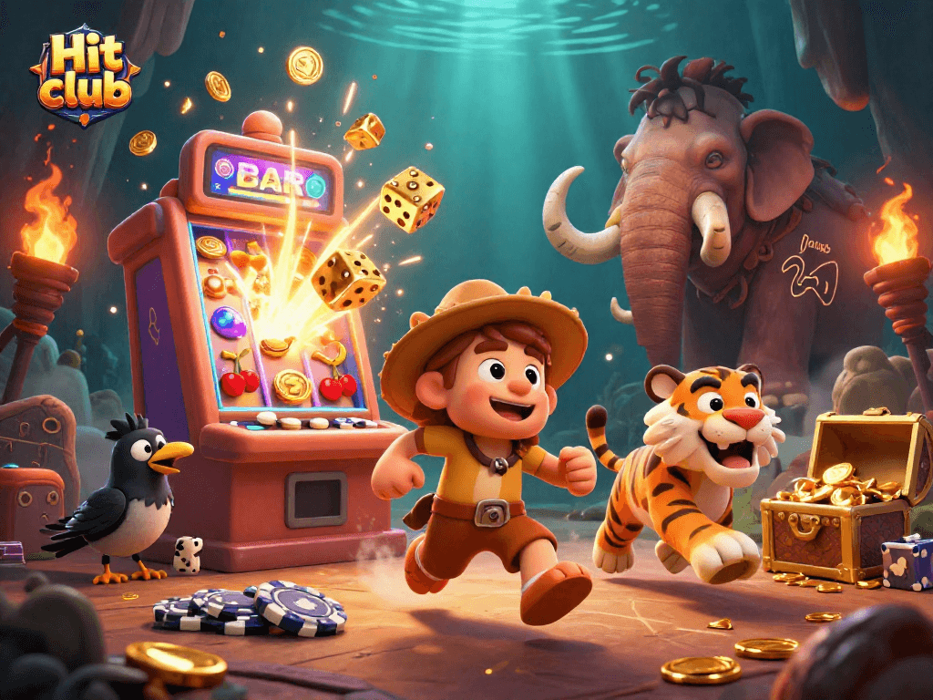 Engage with Hit club's thrilling casino scene featuring vibrant characters and dynamic gaming elements.