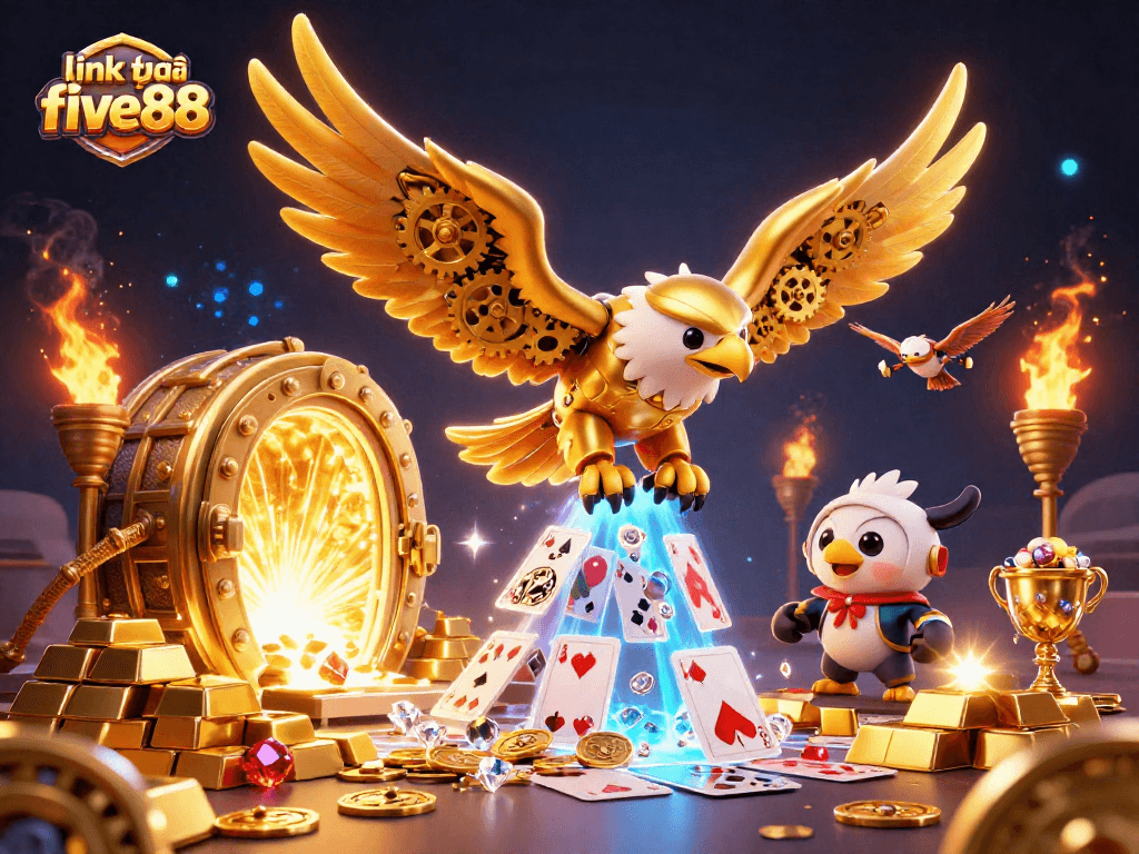 Engage in winning strategies at link vào five88 with dynamic 3D casino illustration showcasing an eagle amidst rich treasures.