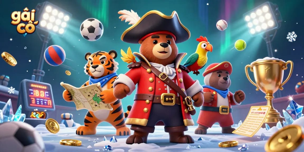 Engage in thrilling bets with gái gọi, featuring a pirate bear and tiger amidst dynamic sports elements.