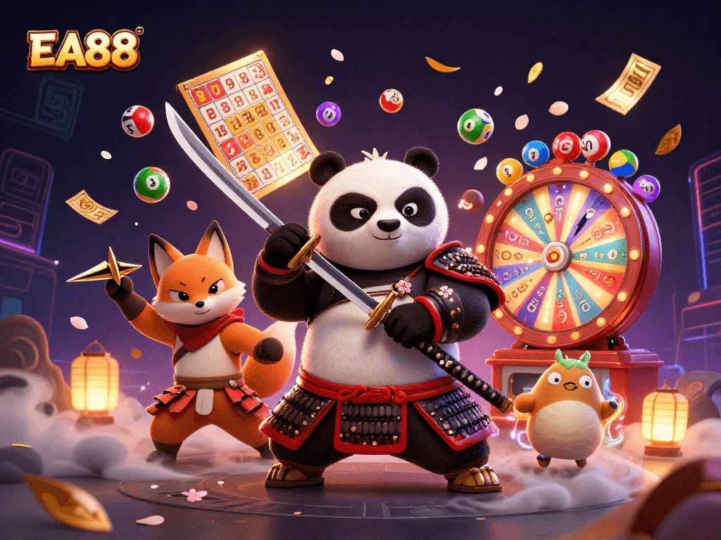 Engage with EA88's vibrant gaming action featuring a samurai panda, ninja fox, and tanuki amidst exciting lottery visuals.