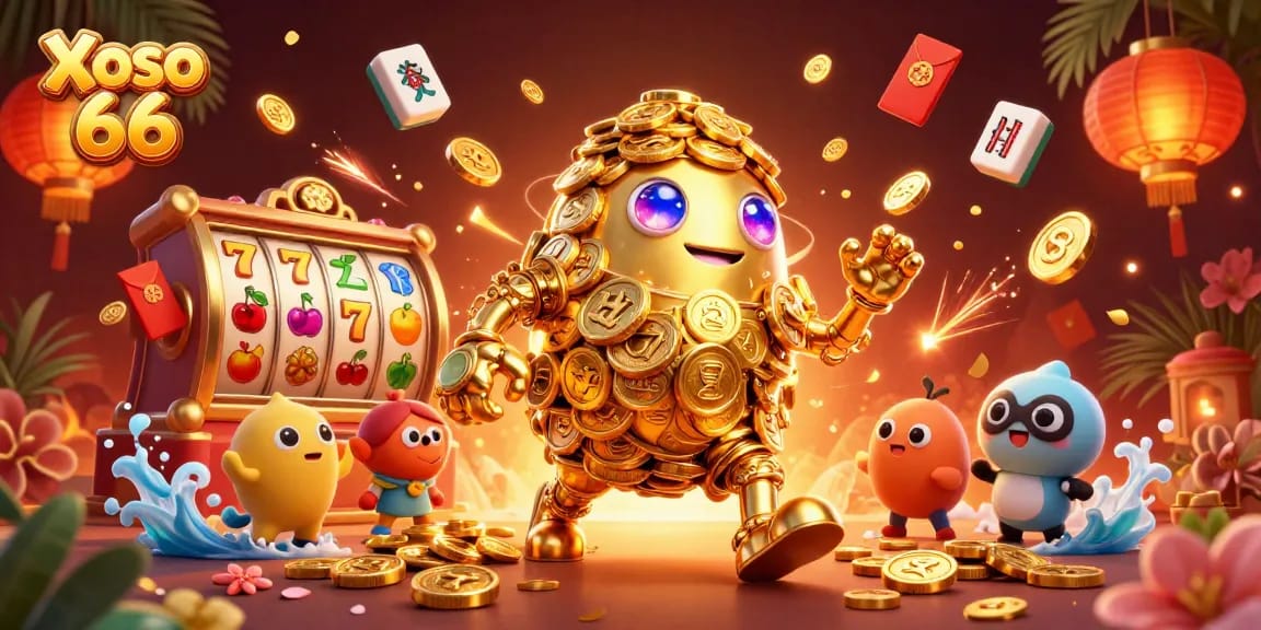Xoso 66 features an animated golem made of golden coins, surrounded by festive symbols of luck and fortune.