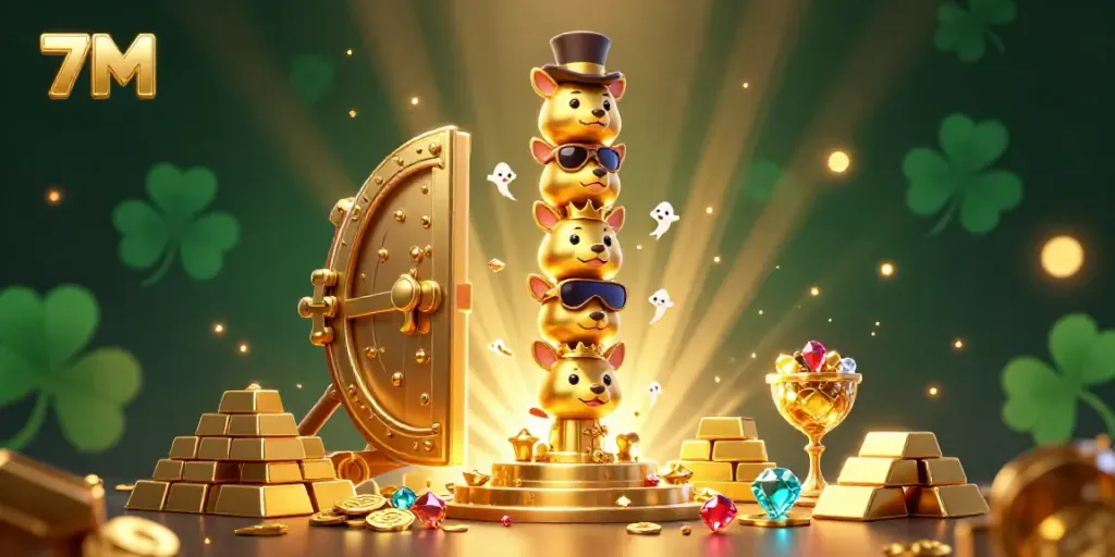 Experience the thrill of gambling with 7M's vibrant 3D illustration, showcasing a golden totem and treasure elements.