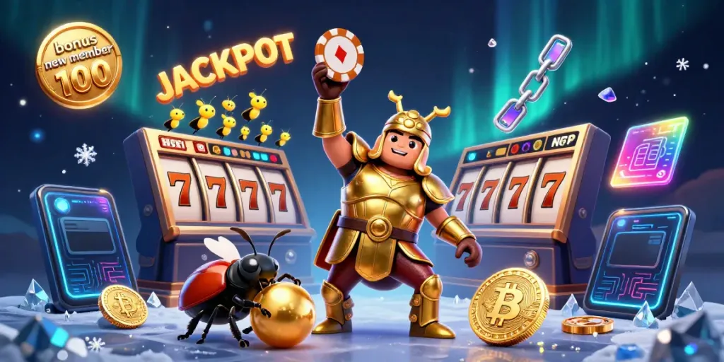 Three 3D cartoon characters celebrate with a golden poker chip while showcasing bonus new member 100 at a vibrant casino scene.