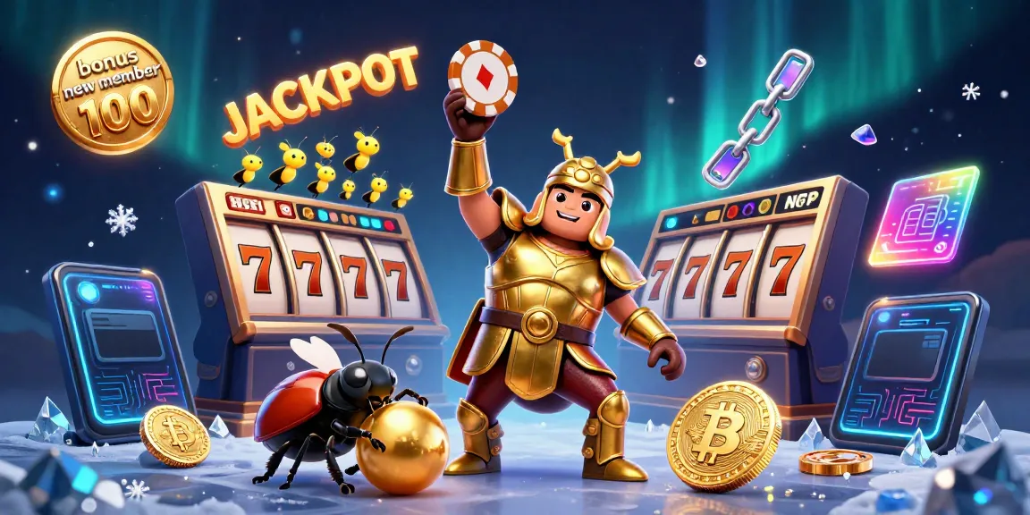 Three 3D cartoon characters celebrate with a golden poker chip while showcasing bonus new member 100 at a vibrant casino scene.