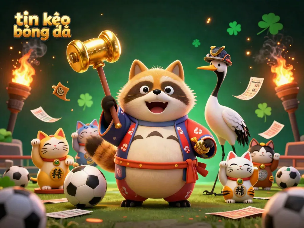 Experience engaging betting with tin soi kèo bóng đá in a vibrant 3D scene featuring a cheerful tanuki and sports elements.