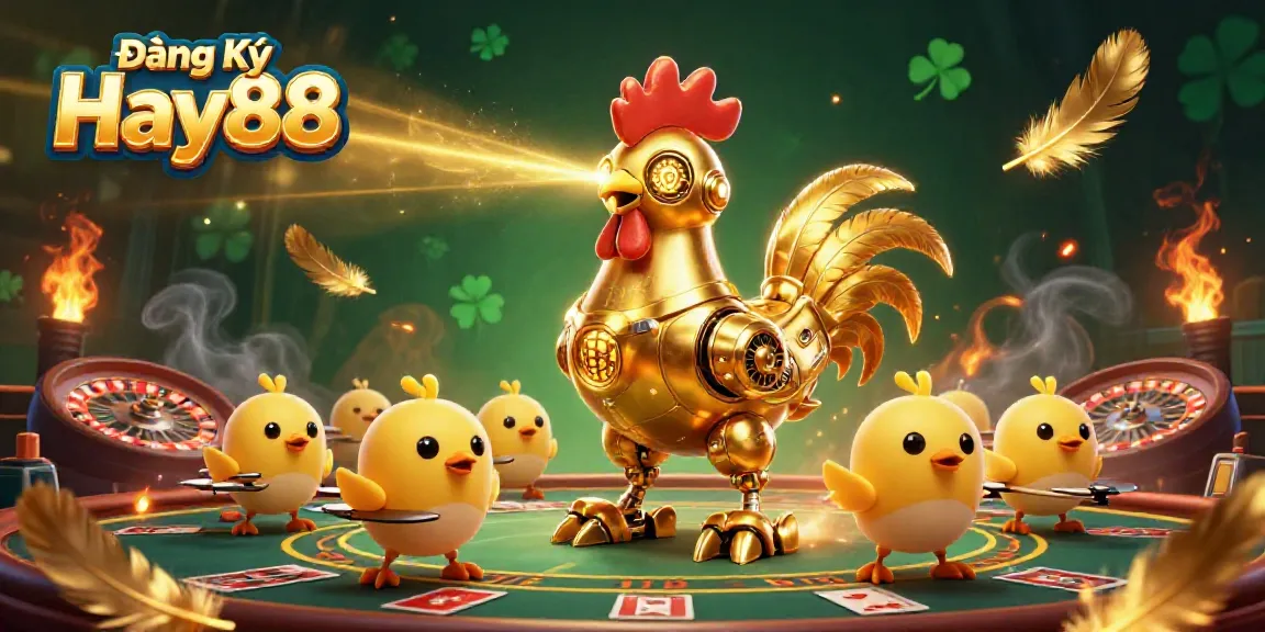 Engage with Đăng Ký Hay88 in a thrilling live casino scene featuring a golden rooster robot.