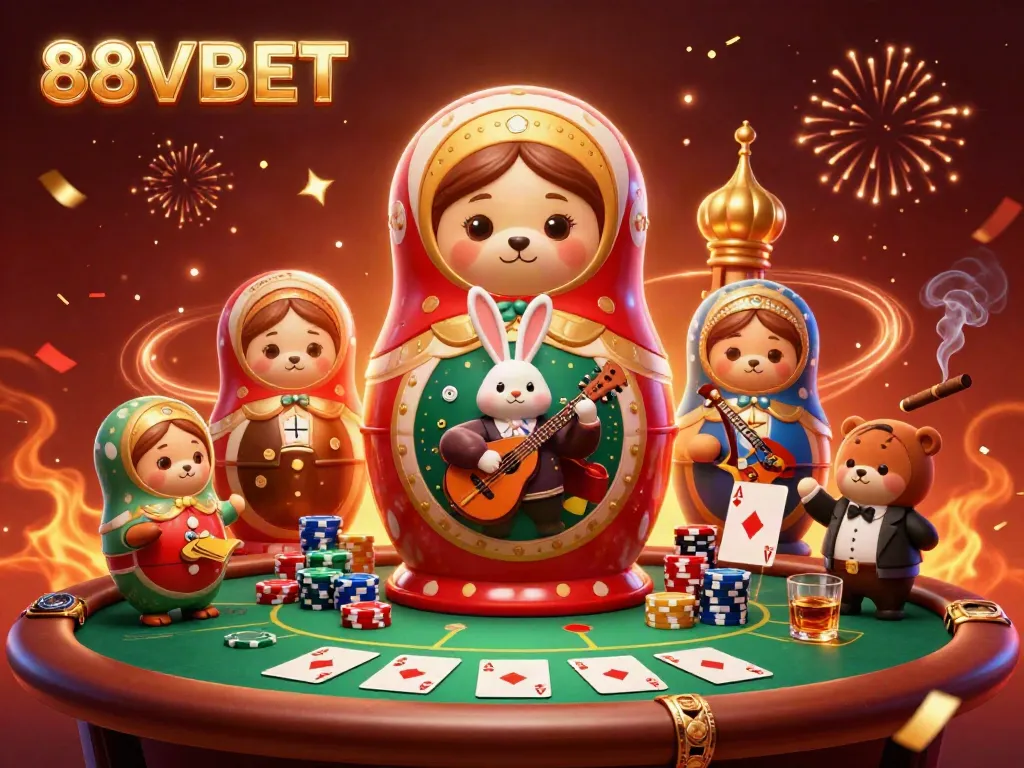 Experience excitement at 88VBET with a vibrant 3D casino scene filled with characters and game elements.
