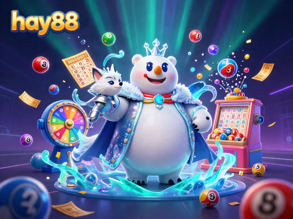 Experience thrilling games at hay88, with colorful lottery balls bouncing and exciting casino elements surrounding enchanting characters.