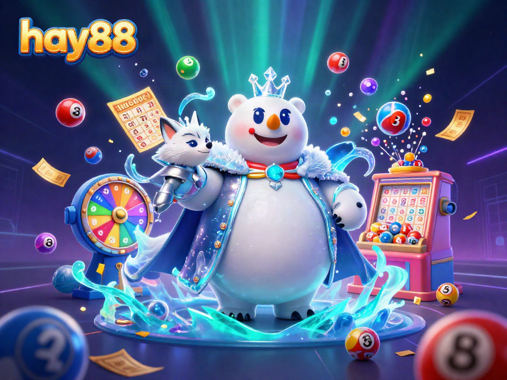 Experience thrilling games at hay88, with colorful lottery balls bouncing and exciting casino elements surrounding enchanting characters.