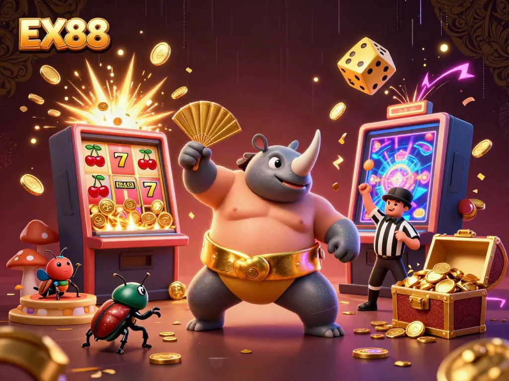 Experience the action of EX88 with a dynamic 3D illustration featuring a sumo champion beetle among casino elements.