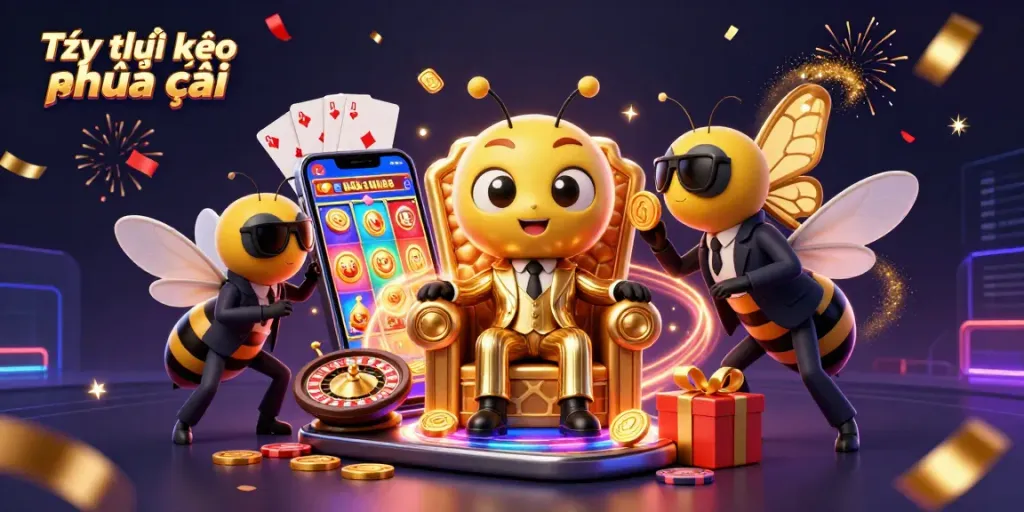 Tỷ lệ kèo nhà cái showcases an exciting betting interface amidst colorful casino elements and dynamic characters.