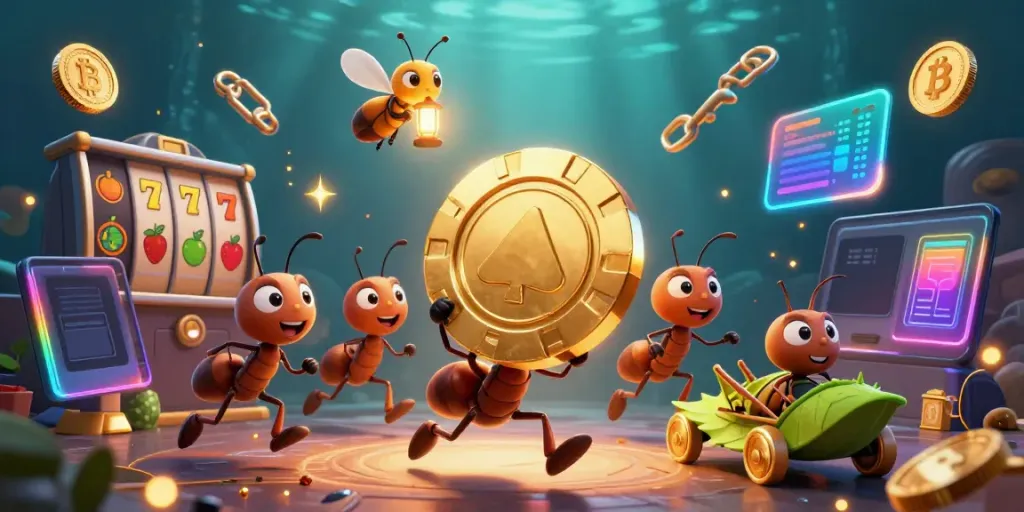 Experience thrilling gameplay at a credit card casino with animated characters amidst jackpot reels and neon crypto coins.