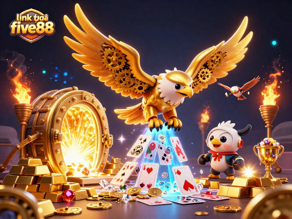 Engage in winning strategies at link vào five88 with dynamic 3D casino illustration showcasing an eagle amidst rich treasures.