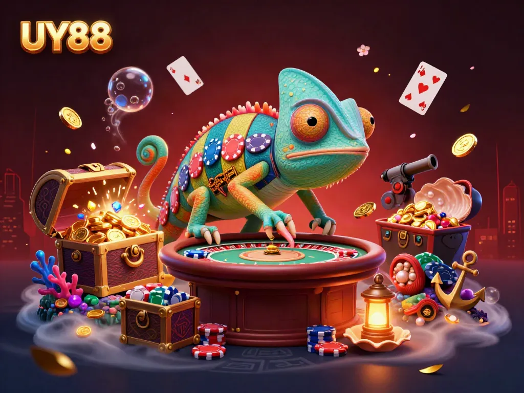 Experience thrilling gameplay with UY88, where a chameleon casino owner interacts with diverse game elements.