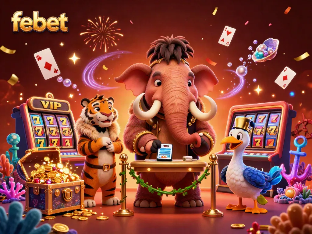 Experience dazzling luck at febet with vibrant games, gold coins, and playful creatures welcoming you.