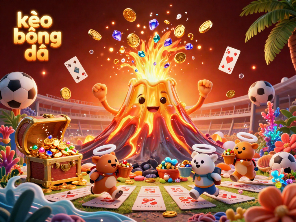 Experience kèo bóng đá with energetic visuals of a golden volcano erupting treasures amid a sports-themed landscape.