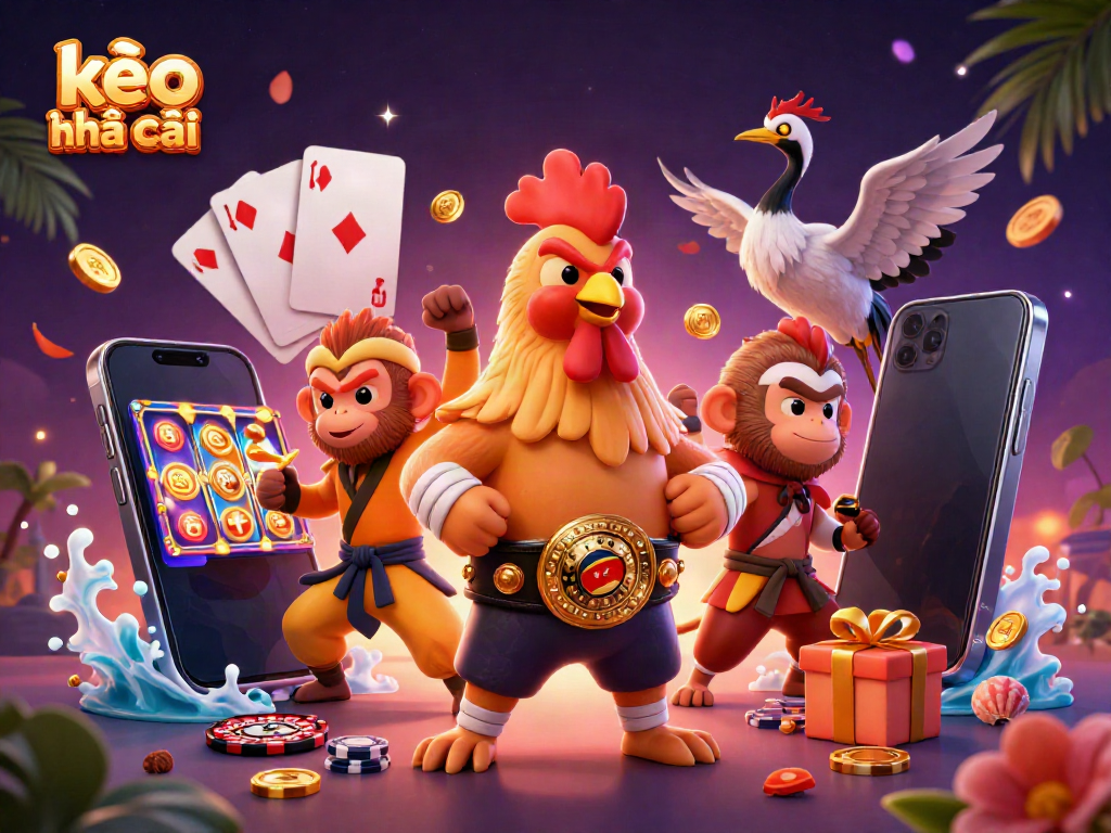 Exciting kèo nhà cái scene featuring a fierce Muay Thai rooster, Shaolin monkey, and crane master amid casino elements.