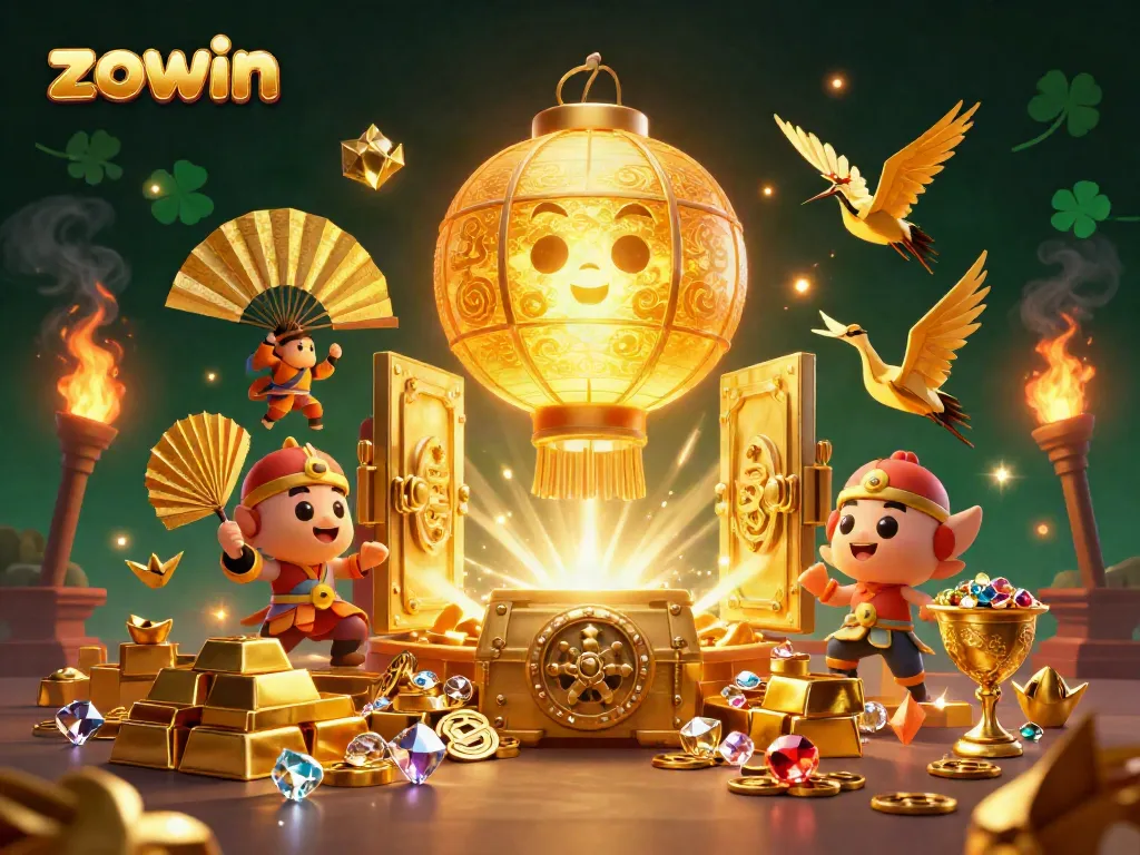 Experience the thrill of zowin above a vibrant night market casino with golden treasures and lucky symbols.