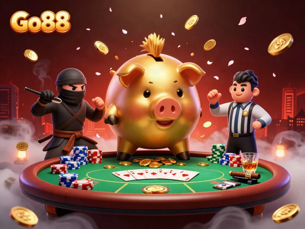 Experience the excitement of Go88 with a golden piggy bank sumo wrestler amidst a dynamic casino scene.
