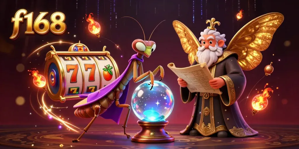 Spin big wins at f168 with vibrant themed slots and engaging characters in a mystical casino setting.