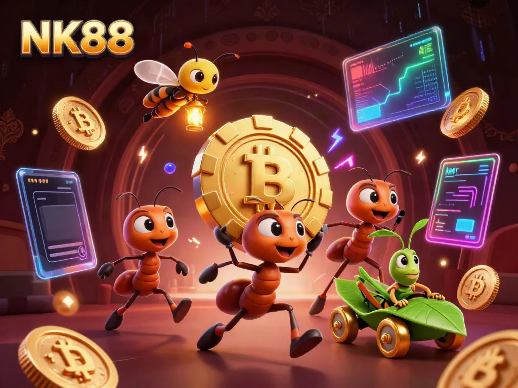 Experience an exciting NK88 heist with ants and a grasshopper in vibrant casino-themed art.