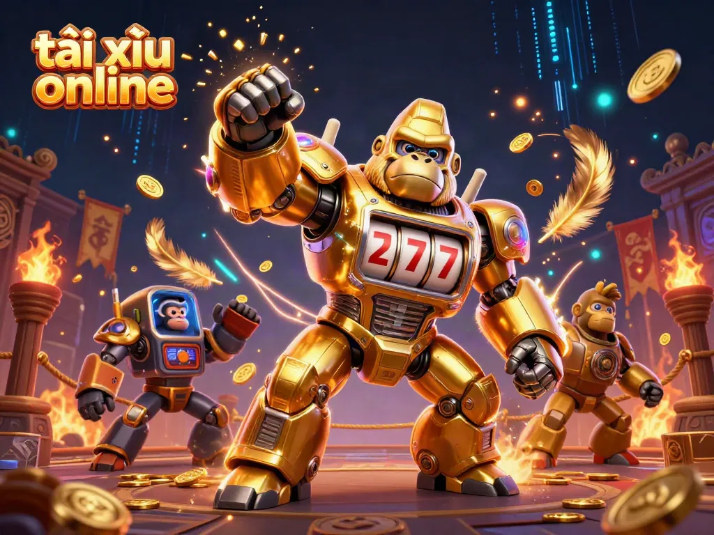 Engaging illustration of tài xỉu online game with a golden mech and dynamic casino elements.