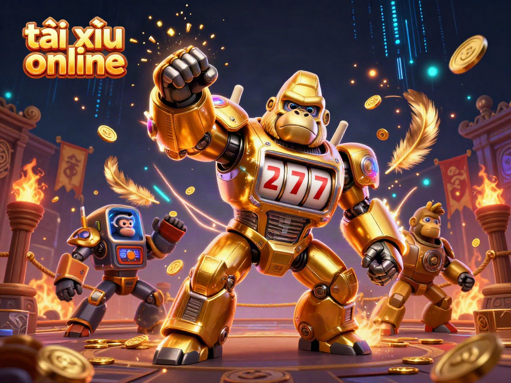 Engaging illustration of tài xỉu online game with a golden mech and dynamic casino elements.