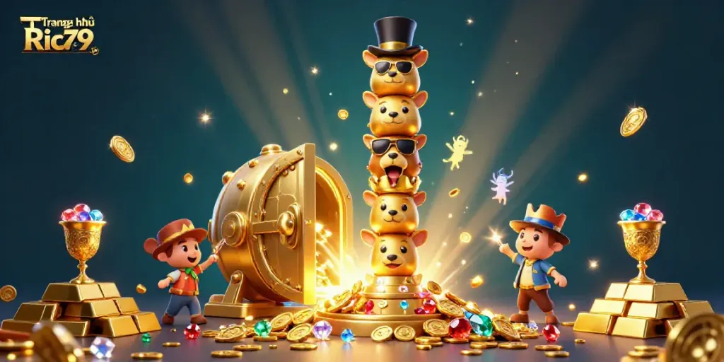 Experience rich gaming excitement with Trang chủ Ric79's vibrant casino-themed 3D illustration filled with gold treasures.