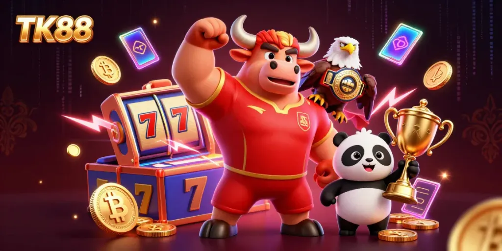 Experience winning at TK88 with a vibrant 3D casino scene packed with excitement and colorful game elements.