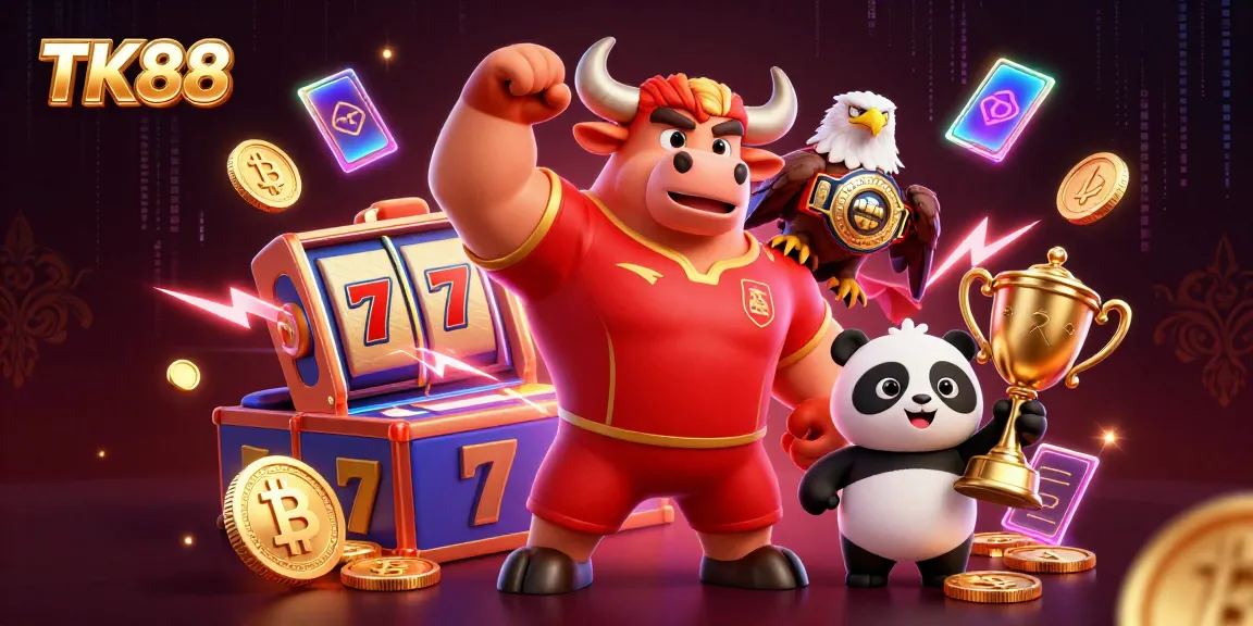 Experience winning at TK88 with a vibrant 3D casino scene packed with excitement and colorful game elements.