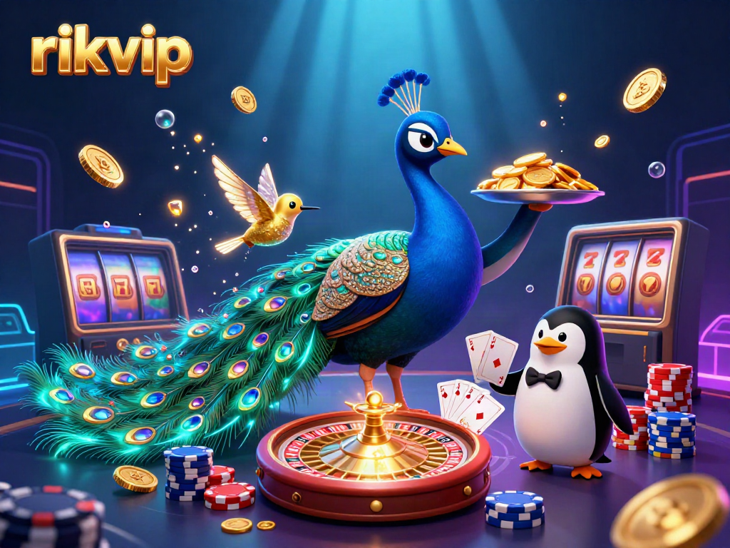 Engage with the thrilling world of rikvip featuring a peacock, penguin butler, and a golden hummingbird in an exciting casino scene.