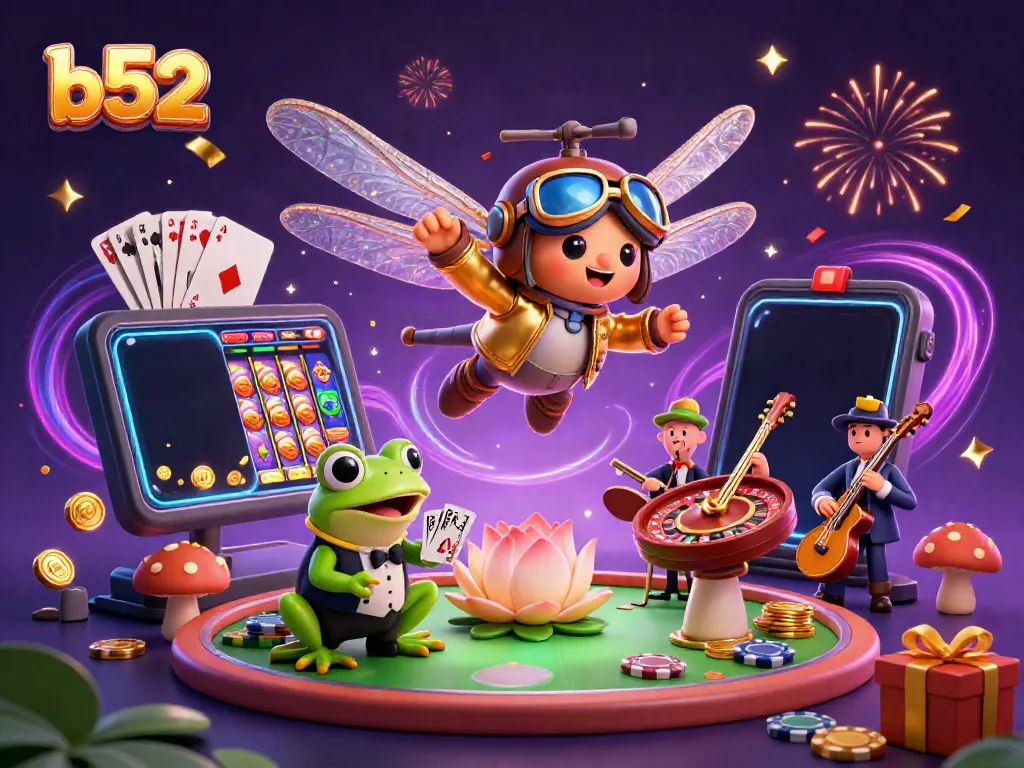 Join the action at b52 casino with a vibrant 3D illustration of a dragonfly pilot and frog dealer, surrounded by games