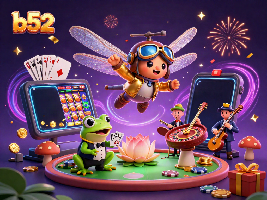 Join the action at b52 casino with a vibrant 3D illustration of a dragonfly pilot and frog dealer, surrounded by games