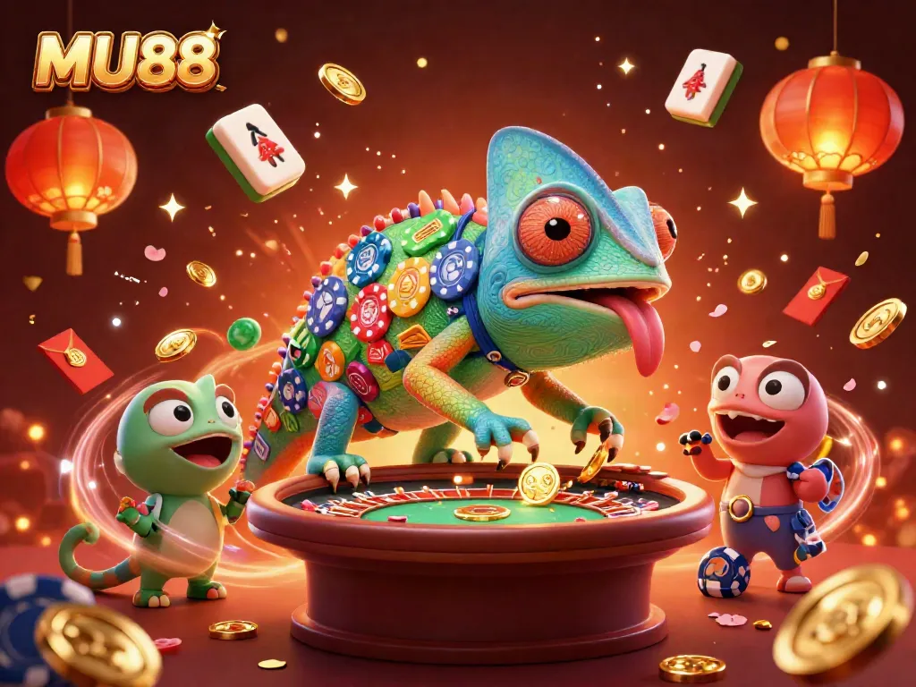Engage with MU88’s vibrant online casino atmosphere featuring a chameleon's dynamic transformation amidst celebrations.