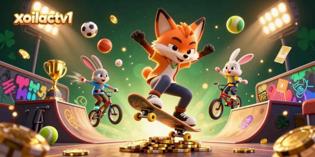 Xoilactv1 showcases a vibrant casino-themed scene with a skateboarder fox and BMX rabbit, surrounded by sports elements.