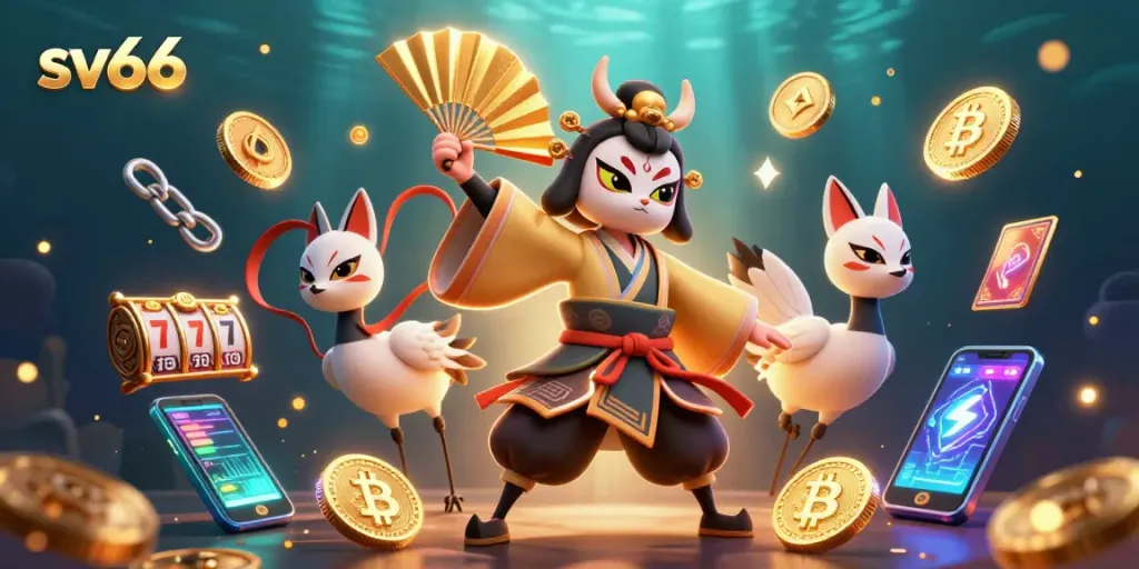 sv66 characters showcasing casino elements, vibrant kabuki warrior crane and kitsune in action
