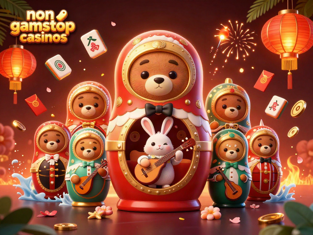Experience the thrill of non gamstop casinos with vibrant Matryoshka bears and festive elements.