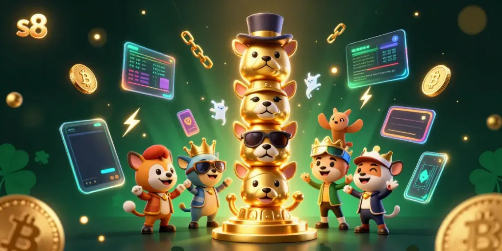 Engage with s8's vibrant casino world, featuring a golden totem and crypto elements