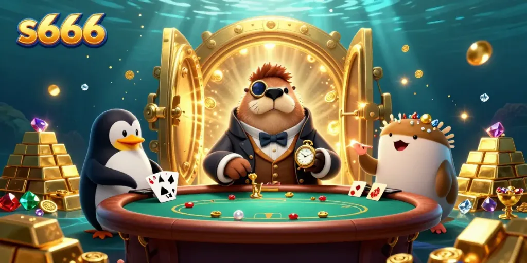 Experience thrilling moments at s666 with a jolly walrus playing poker underwater, surrounded by treasures.