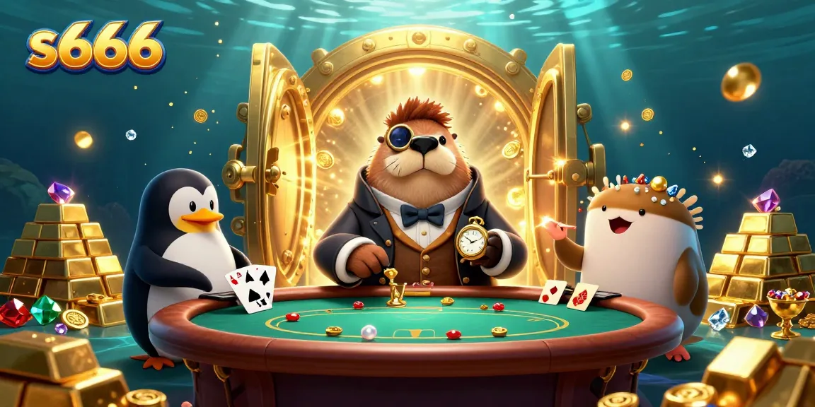 Experience thrilling moments at s666 with a jolly walrus playing poker underwater, surrounded by treasures.