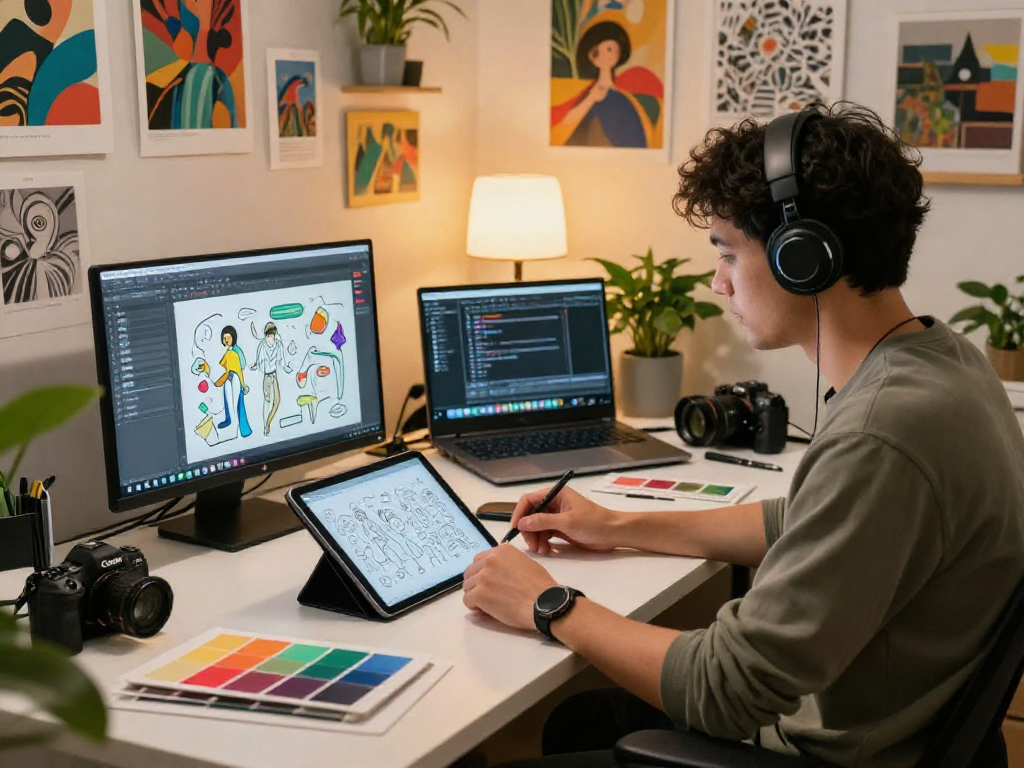 Creative professional in digital art studio creating nsfw ai illustrations, vibrant atmosphere with art supplies.