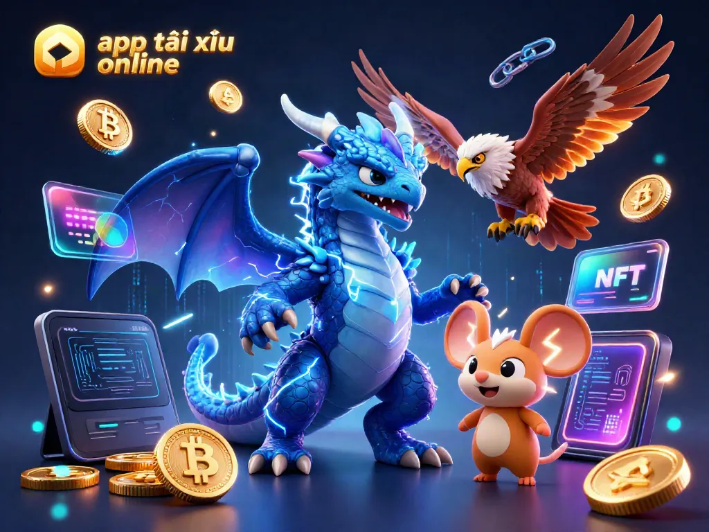 Engage with the electrifying world of app tài xỉu online represented in a dynamic 3D scene featuring a thunder dragon and cryptocurrency elements.