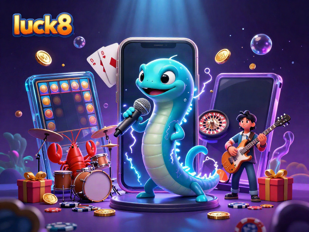 Engaging luck8 underwater casino scene featuring DJ electric eel, lobster drummer, and seahorse guitarist.