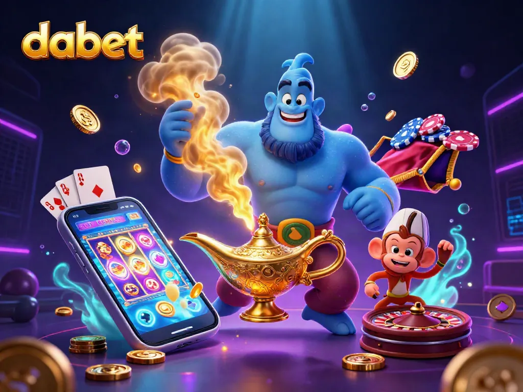 Dabet genie promoting thrilling casino games with colorful slot reels and dynamic playful elements in a vibrant scene.